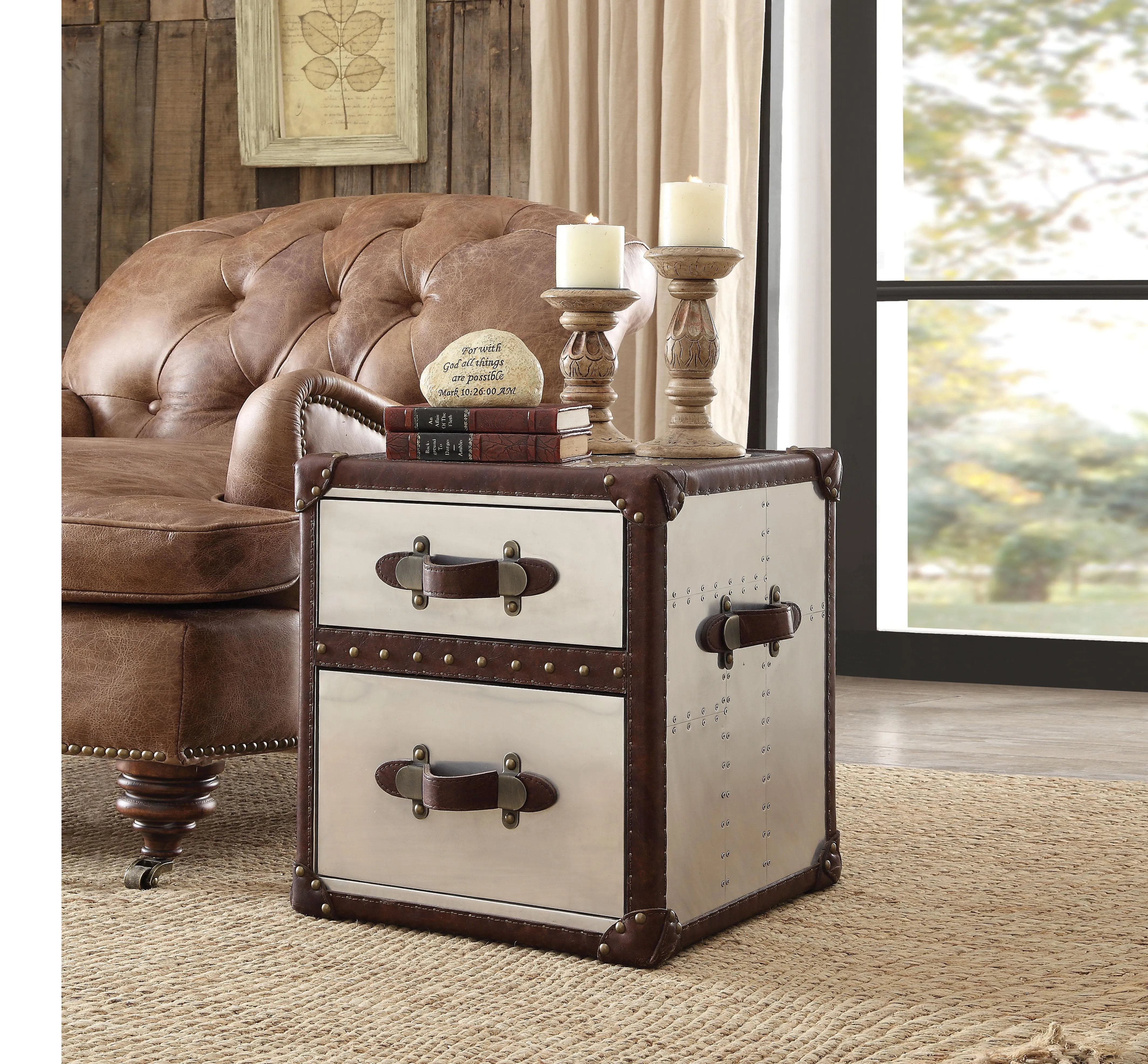 Aberdeen Vintage Dark Brown Top Grain Leather & Aluminum End Table