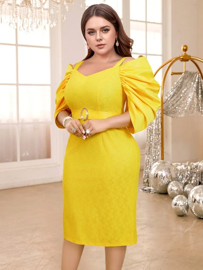 AOMEIDRESS Yellow Cold Shoulder Lace Patchwork Folds Bodycon Dress