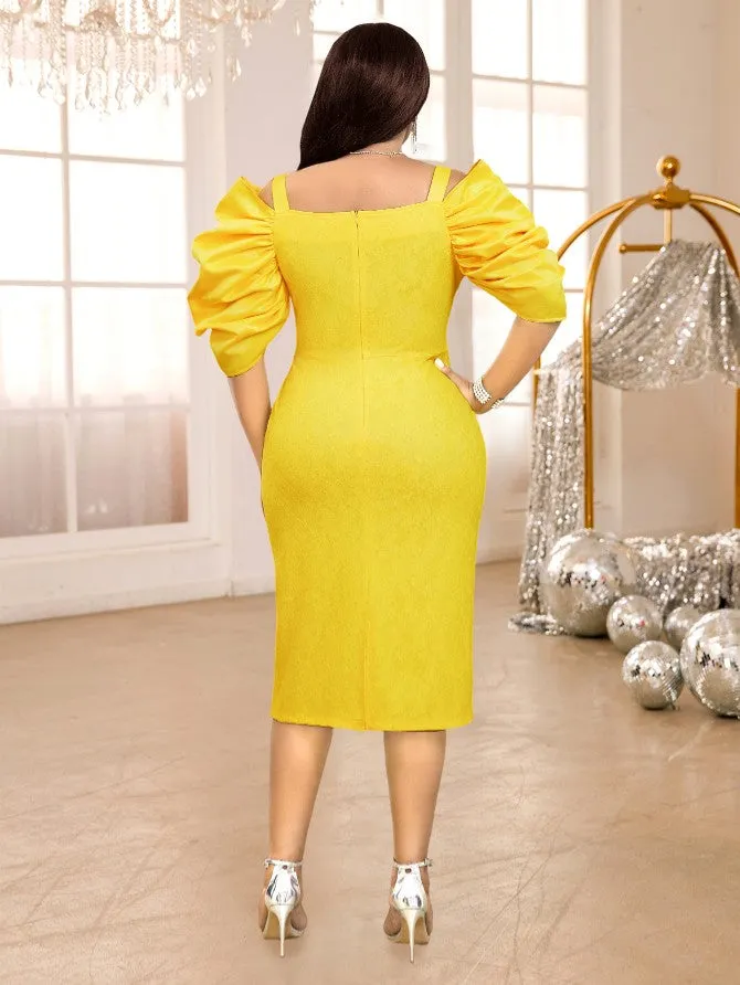 AOMEIDRESS Yellow Cold Shoulder Lace Patchwork Folds Bodycon Dress