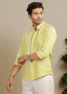 Arlo - Pure Linen Full Sleeve Shirt with Band Collar and Pin Tucks - Lime Green Chambray