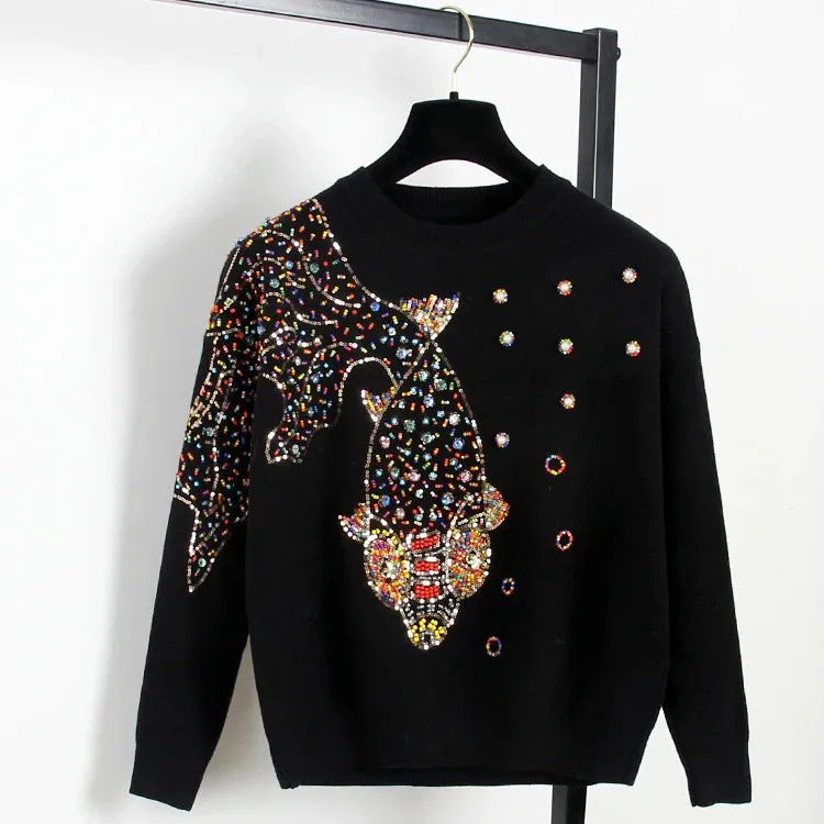 Autumn Female Brand Designer Fashionable High Street New Pullovers Round Neck Cable Knit Goldfish Bead Sweater C-139