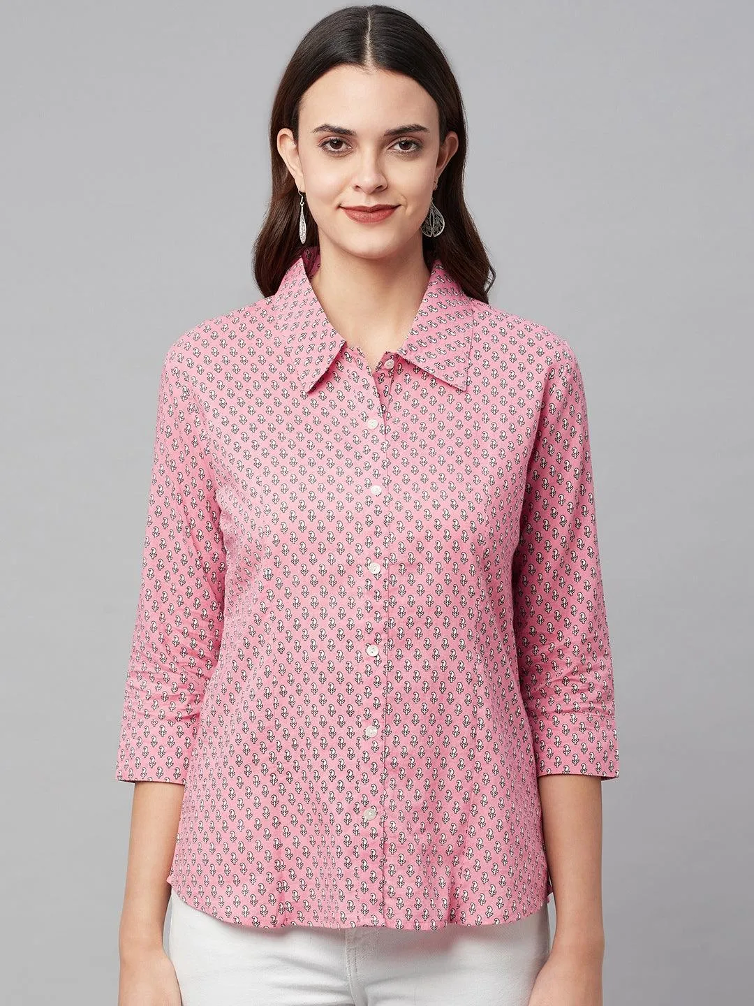 Baby Pink Block Printed Casual Women Shirts