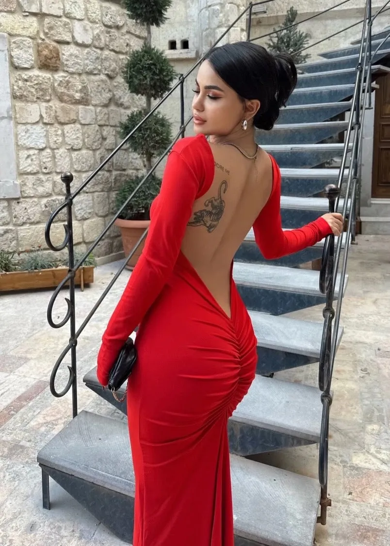 Backless Long Sleeved Maxi Bodycon Dress