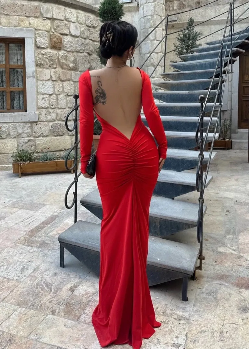 Backless Long Sleeved Maxi Bodycon Dress