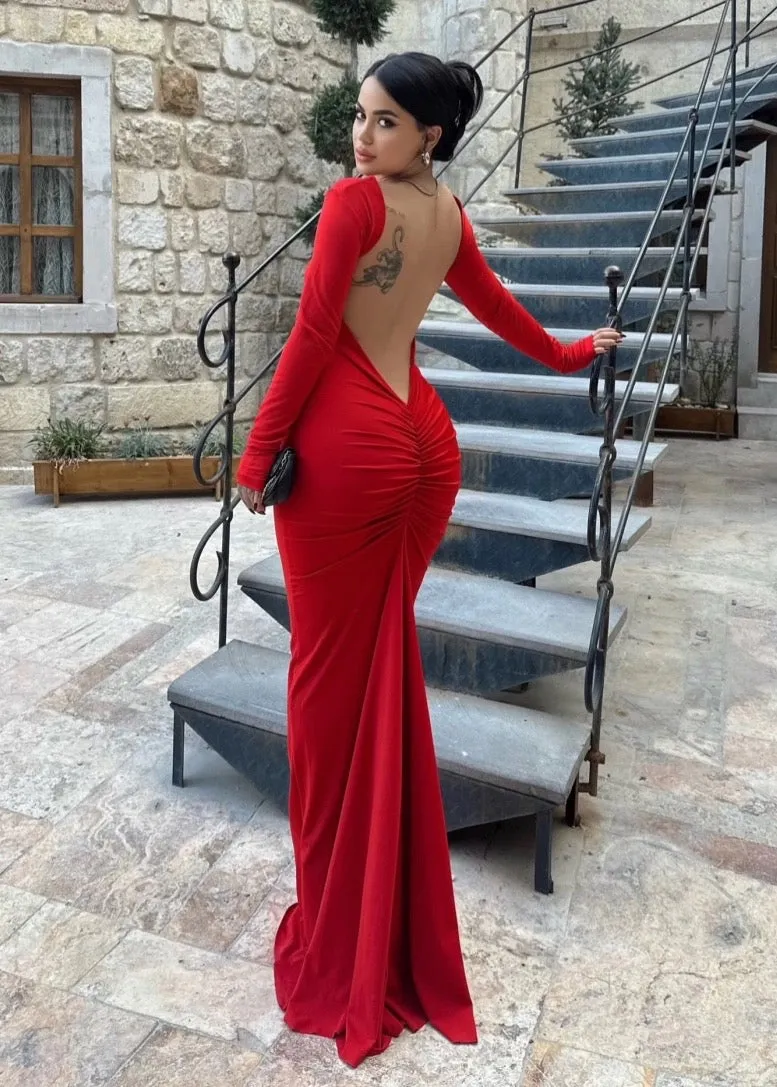 Backless Long Sleeved Maxi Bodycon Dress