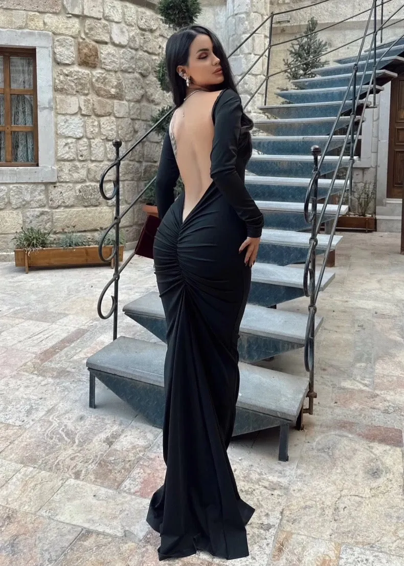 Backless Long Sleeved Maxi Bodycon Dress