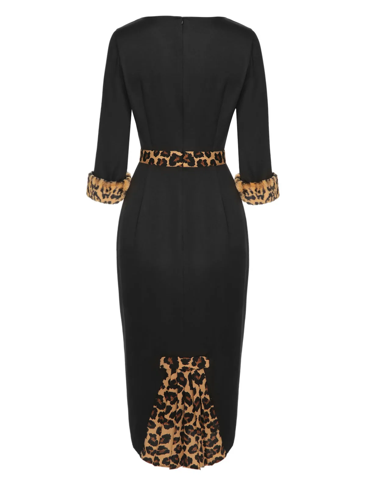 Black 1960s Raw Hem Leopard Asymmetric Wrap Dress