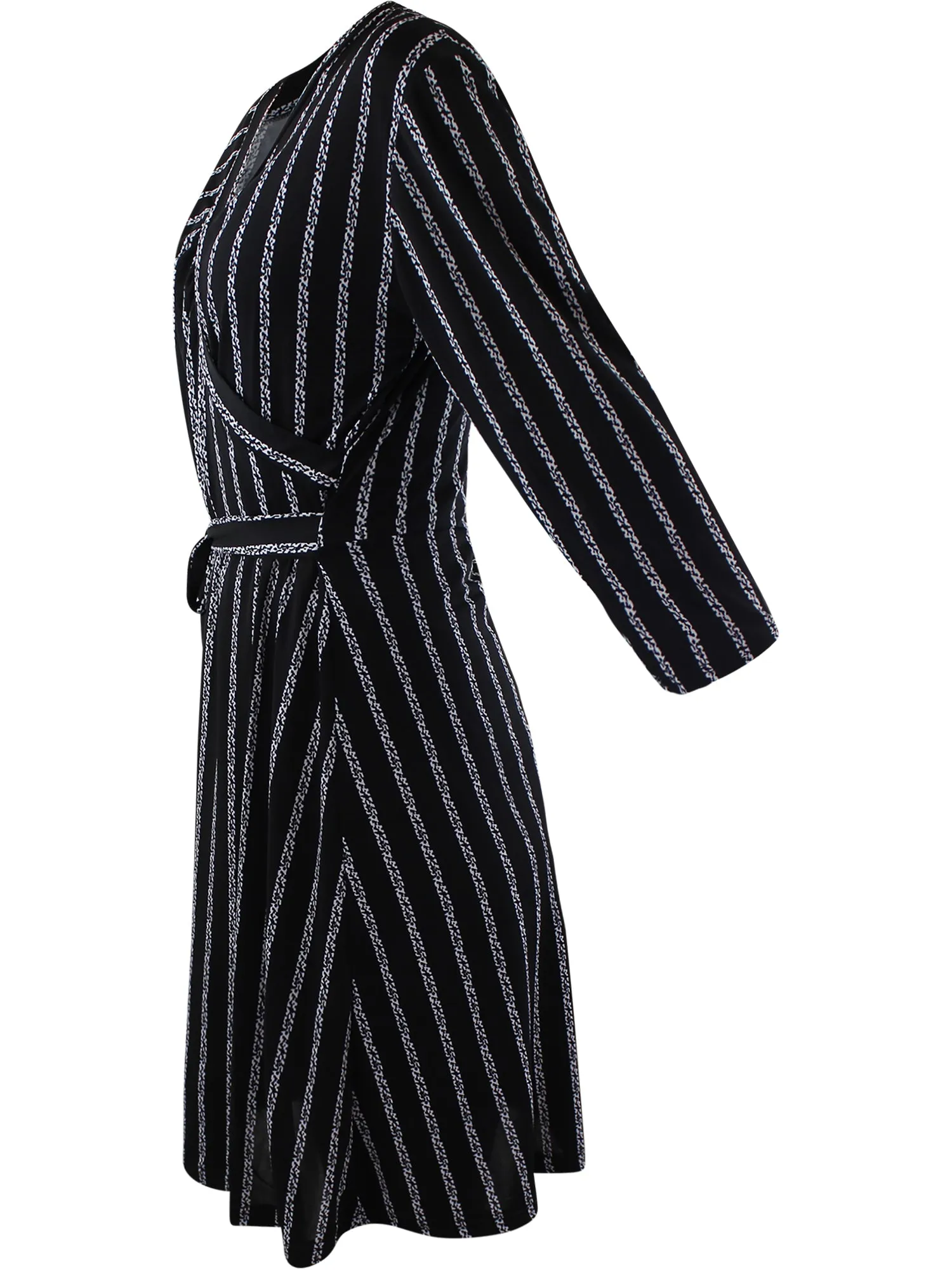 Black Long Sleeve Vertical Stripe Wrap Dress Size Medium