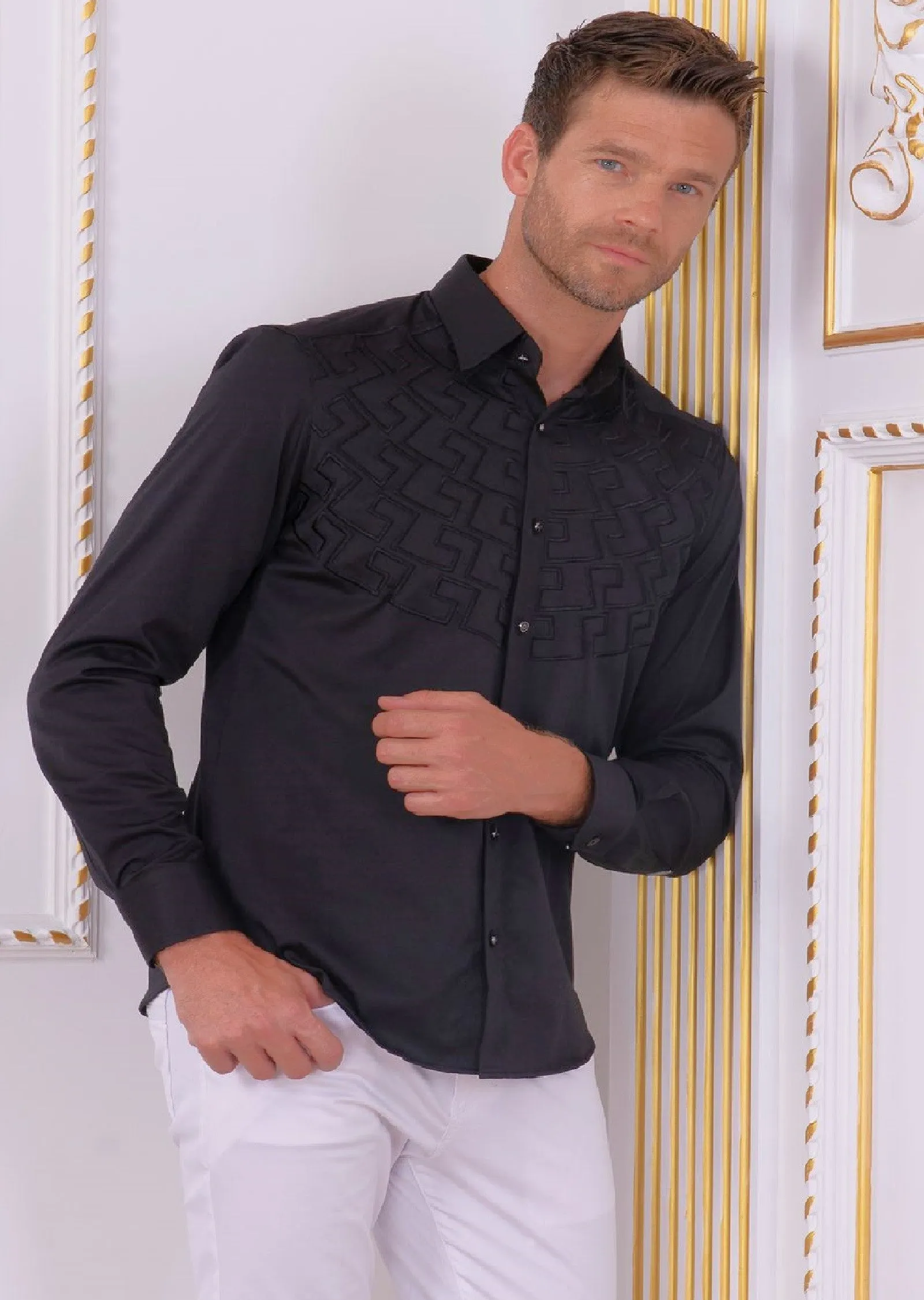 Black Meander Embroidery Shirt