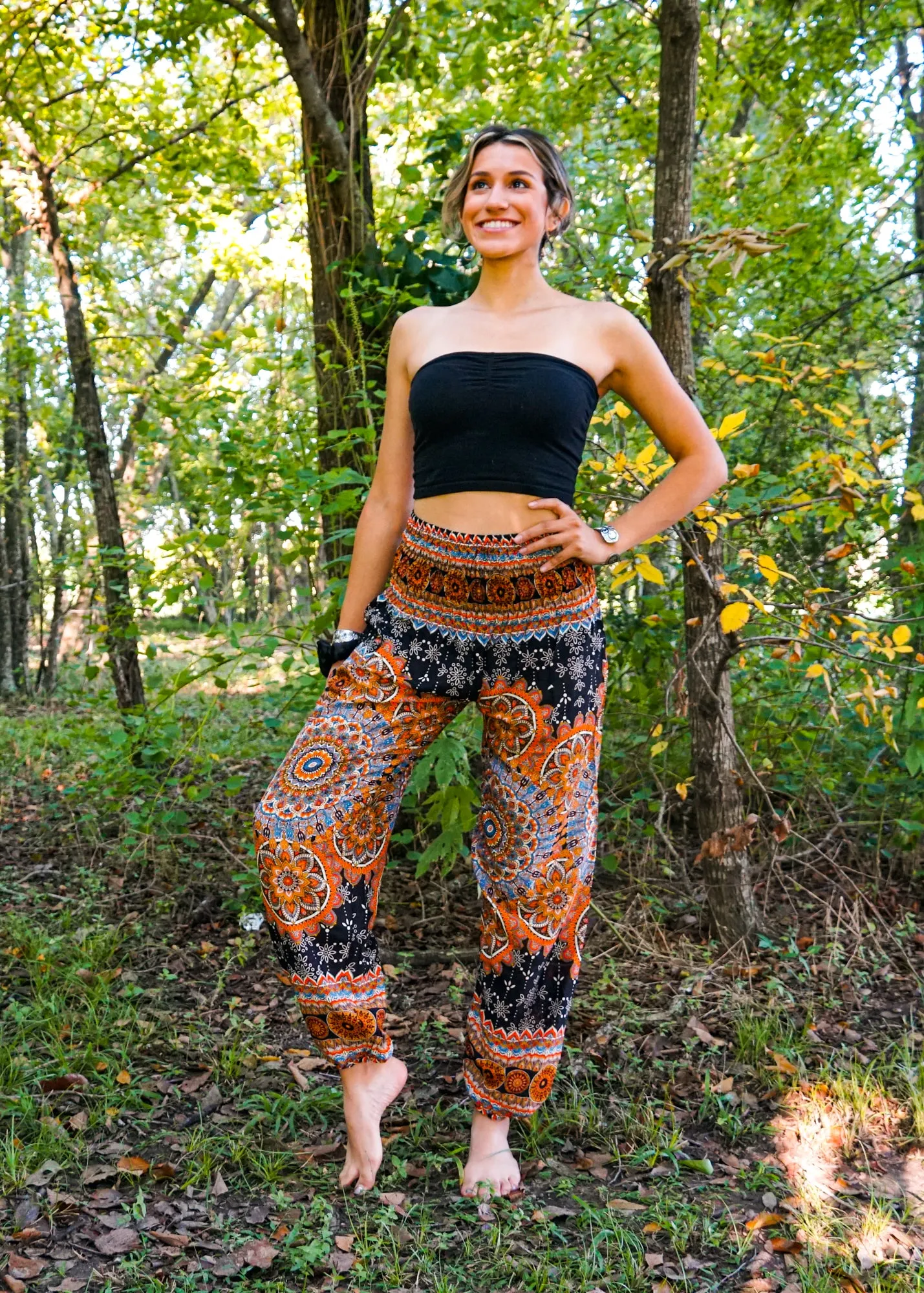 Black Orange Lotus Chakra Floral Harem Pants