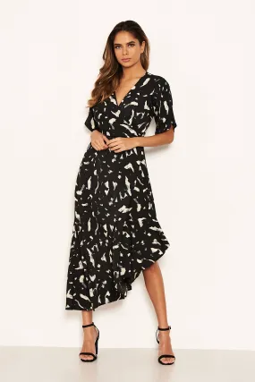 Black Printed Wrap Side Frill Dress