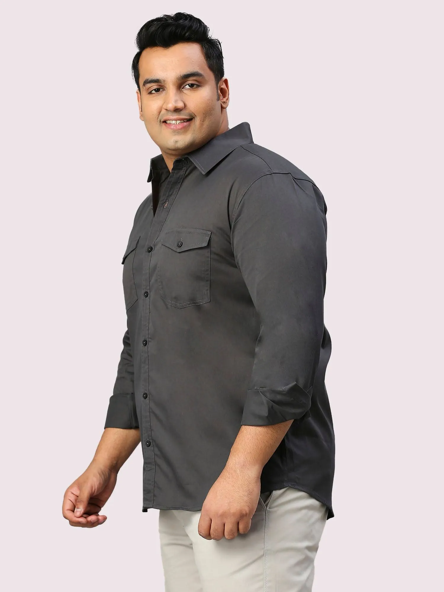 Black Solid Pure Cotton Double Pocket Full Sleeve Shirt Men's Plus Size