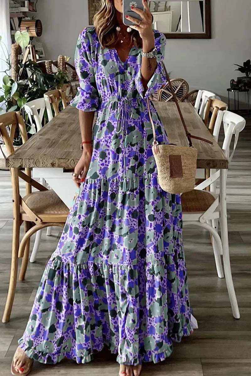 Bohemian College Floral Frenulum V Neck Printed Dress Dresses