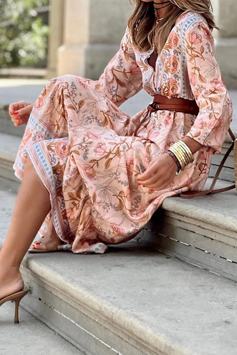 Bohemian Floral With Belt V Neck A Line Dresses