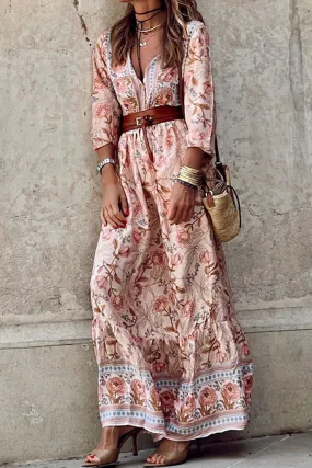 Bohemian Floral With Belt V Neck A Line Dresses