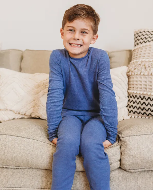 Boys Soft & Cozy Thermal 2-Piece Long Johns | Charcoal w- Baby Blue Stitch