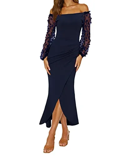 BTFBM Women Elegant Off Shoulder Dresses Sheer Long Sleeve Mesh Ruched Wrap Split Bodycon Maxi Cocktail Wedding Guest Dress(Solid Navy, X-Large)