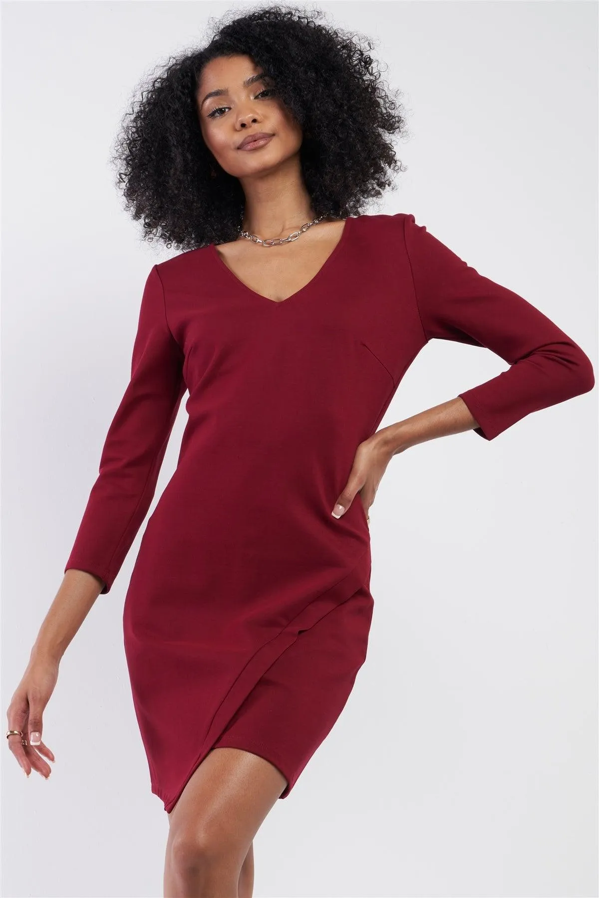 Burgundy Red Midi Sleeve Asymmetrical Hem V-Neck Neck Fitted Mini Dress /2-2-2