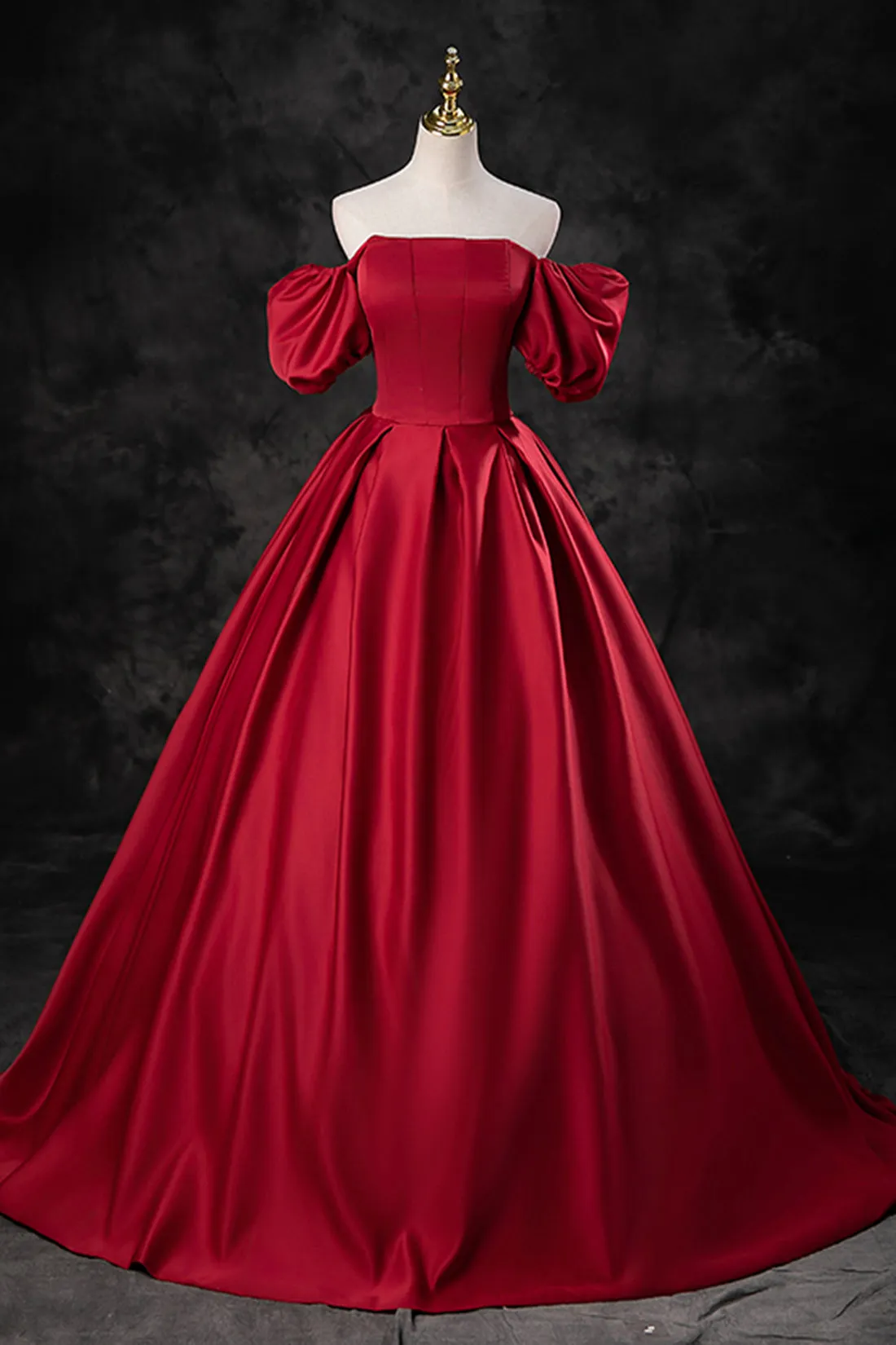 Burgundy Satin Long A-Line Prom Dress, Off the Shoulder Evening Party Dress