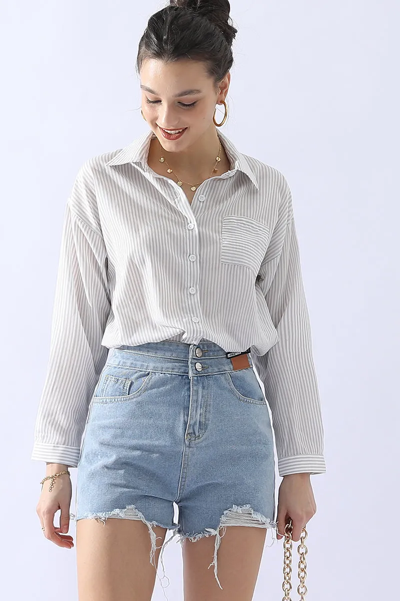 BUTTON DOWN VERTICAL STRIPE ONE POCKET SHIRTS