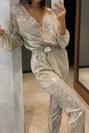 Casual British Style Solid Bandage Sequins Sequined V Neck Regular Jumpsuits