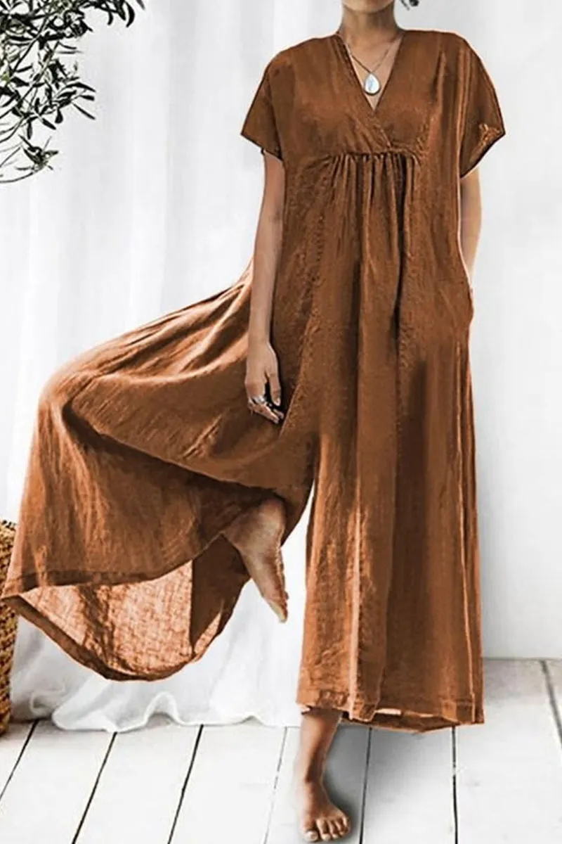 Casual Daily Solid Pocket V Neck Loose Jumpsuits