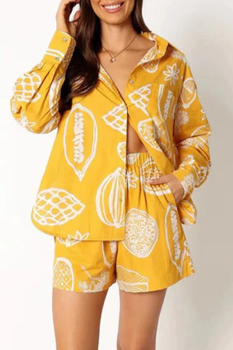 Casual Floral Patchwork Turndown Collar Long Sleeve Two Pieces