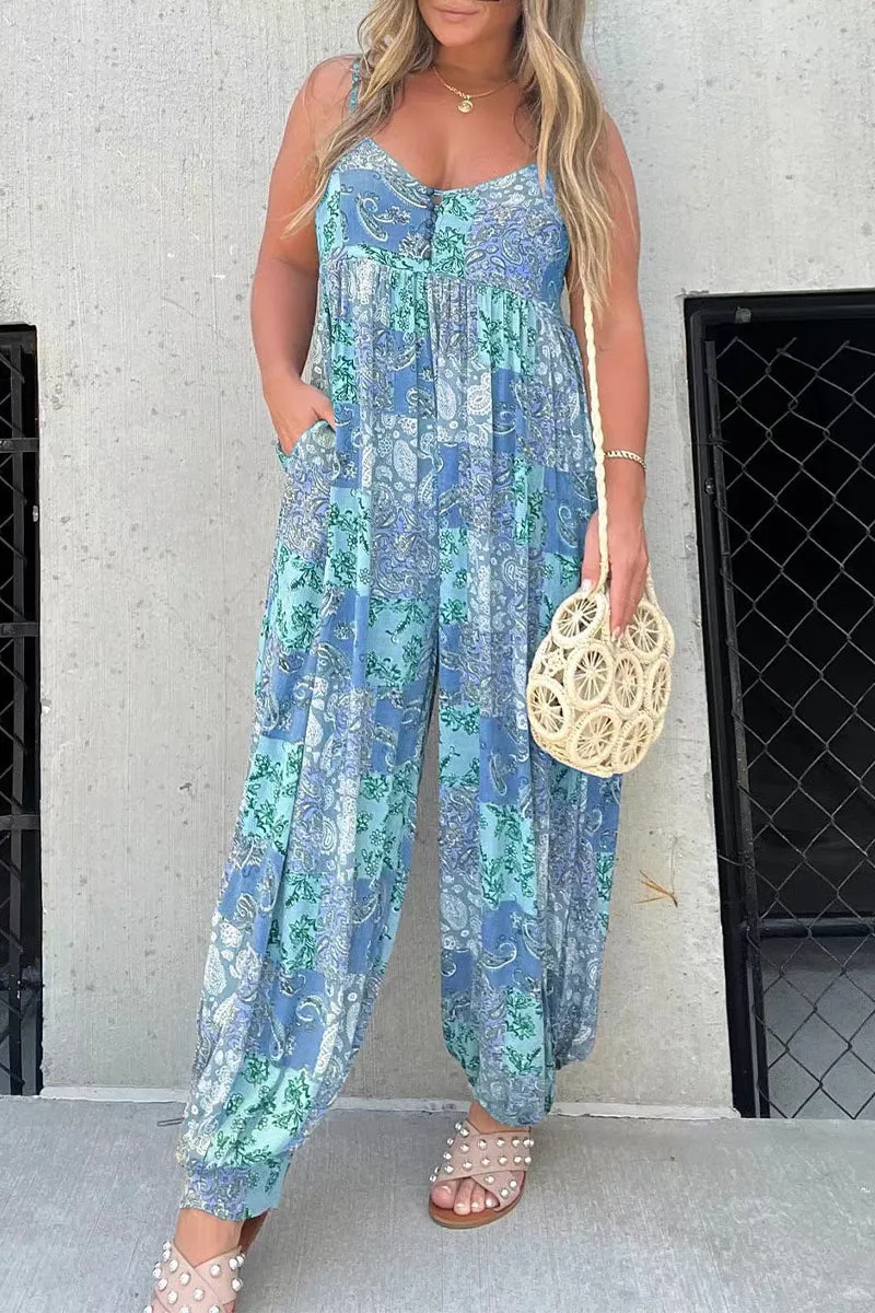 Casual Floral Pocket V Neck Loose Jumpsuits