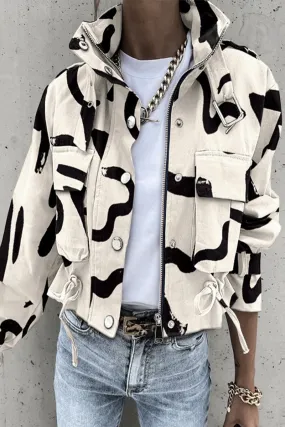 Casual Geometric Pocket Printing Mandarin Collar Outerwear