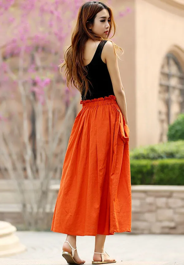 Casual maxi linen skirt with elastic wasit and big pocket 0958#