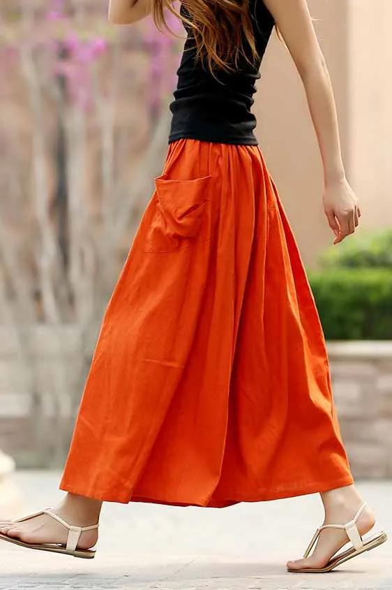 Casual maxi linen skirt with elastic wasit and big pocket 0958#