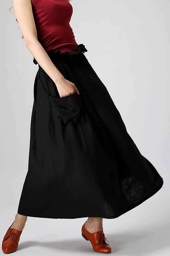 Casual maxi linen skirt with elastic wasit and big pocket 0958#