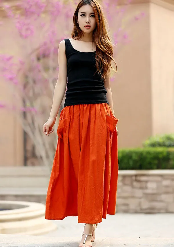 Casual maxi linen skirt with elastic wasit and big pocket 0958#