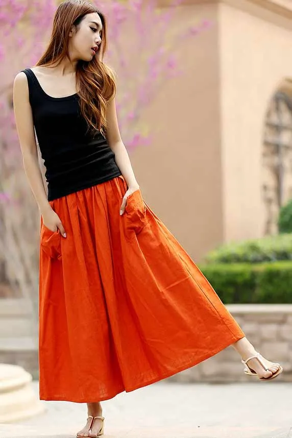 Casual maxi linen skirt with elastic wasit and big pocket 0958#