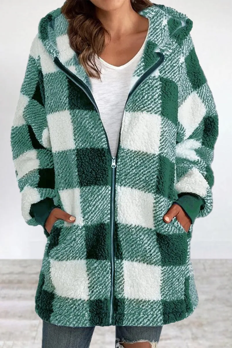 Casual Plaid Frenulum Contrast Zipper Hooded Collar Outerwear