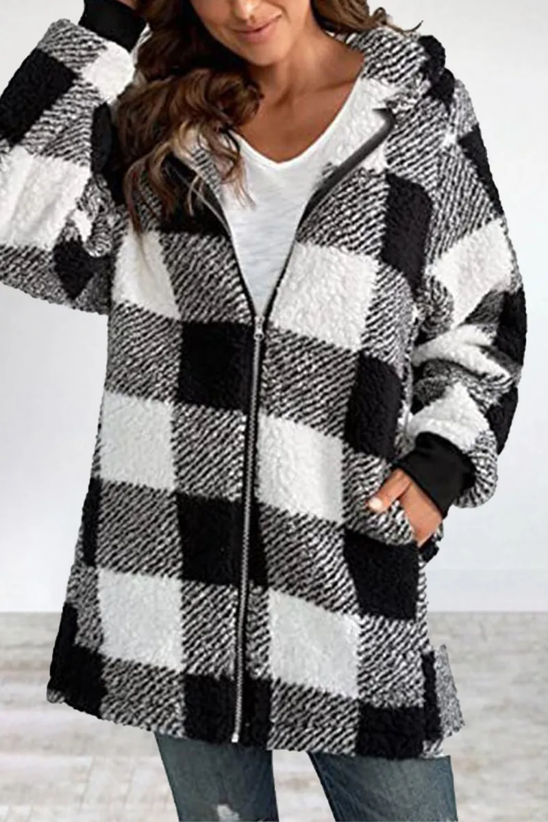 Casual Plaid Frenulum Contrast Zipper Hooded Collar Outerwear