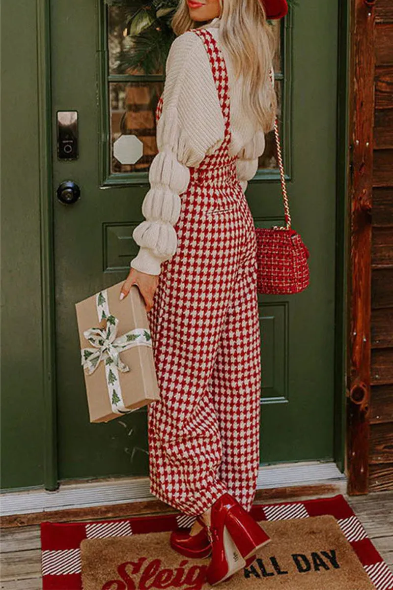 Casual Plaid Pocket U Neck Loose Jumpsuits