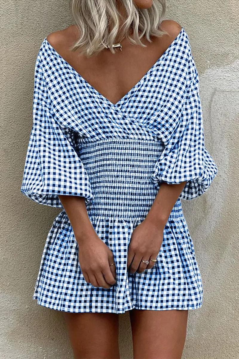 Casual Plaid V Neck Waist Skirt Dresses(5 Colors)