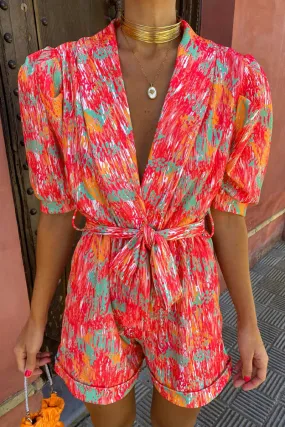 Casual Print Bandage Turn-back Collar Loose Rompers