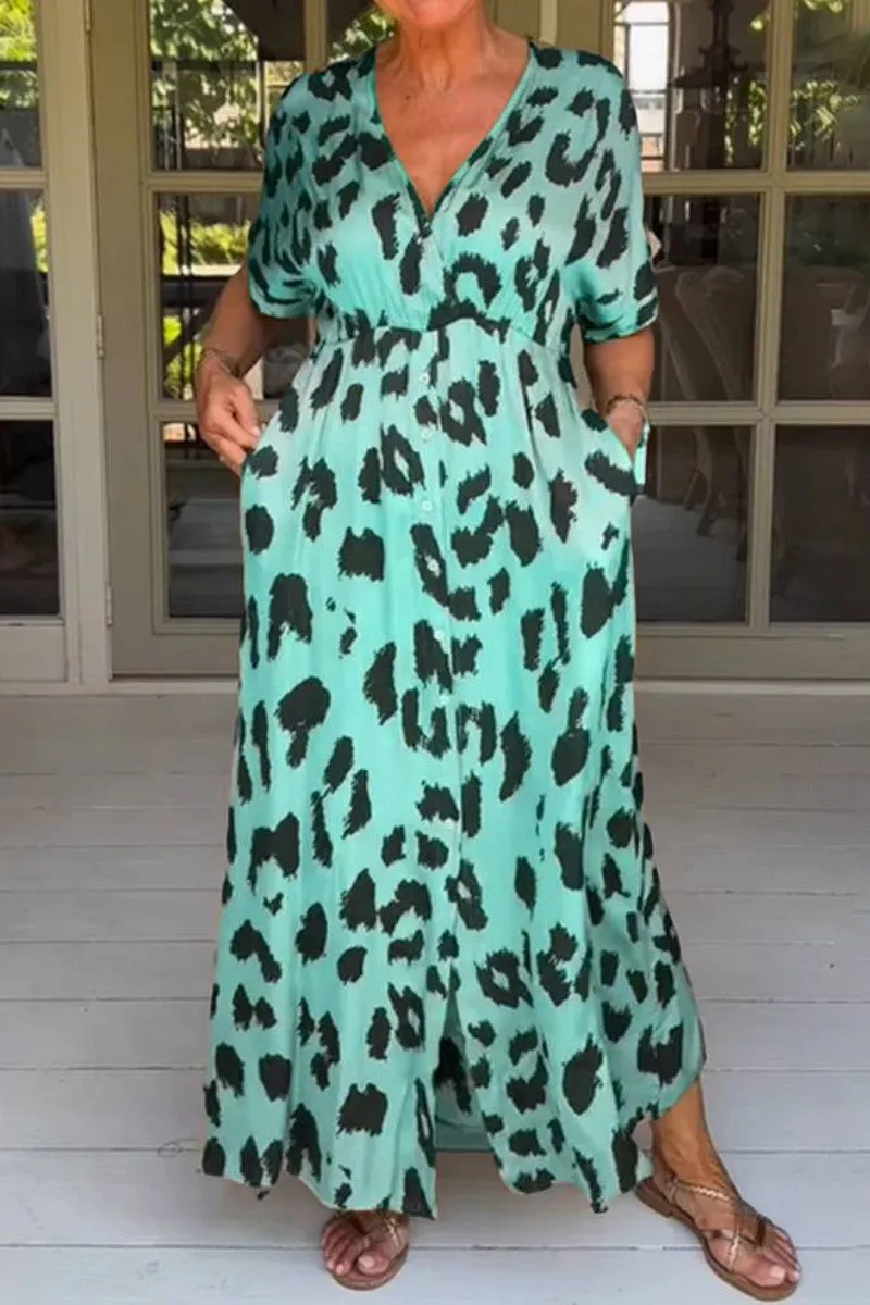 Casual Print Leopard Patchwork V Neck Long Dress Dresses