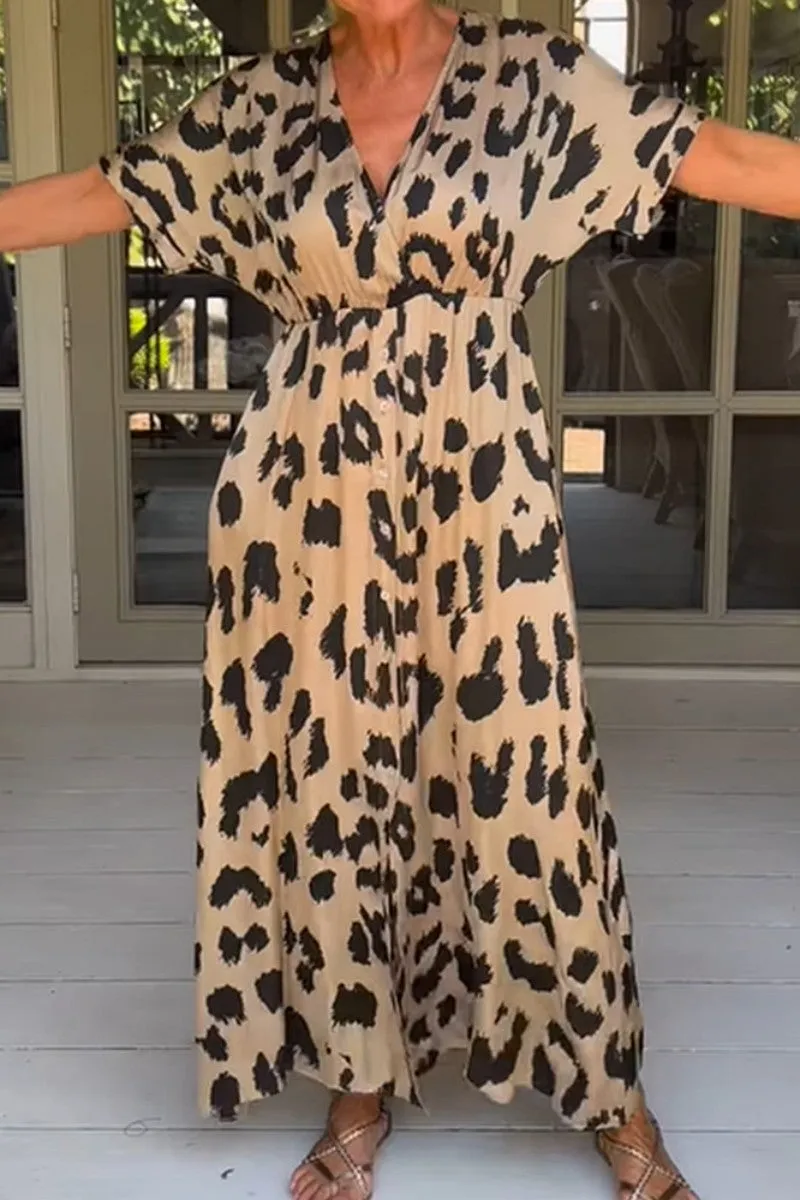 Casual Print Leopard Patchwork V Neck Long Dress Dresses