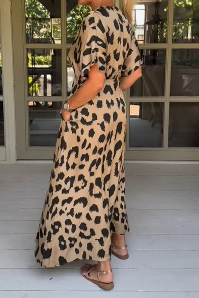 Casual Print Leopard Patchwork V Neck Long Dress Dresses