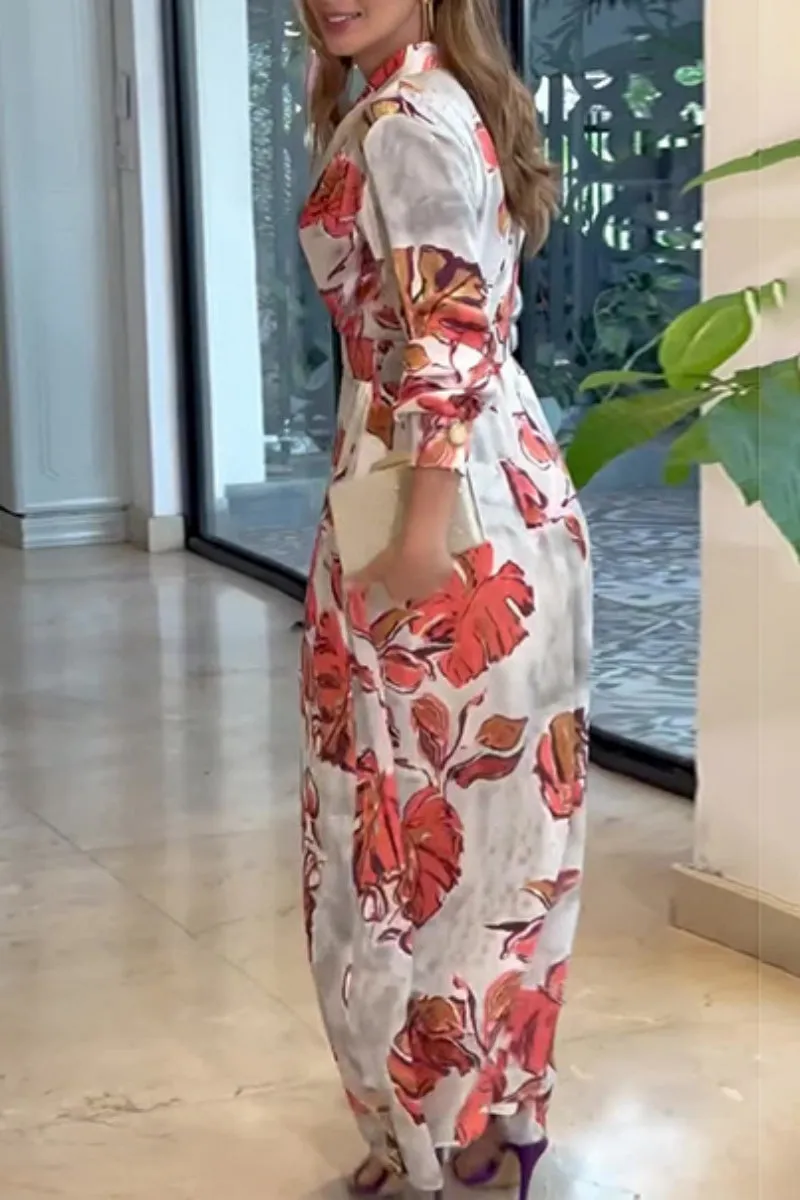 Casual Print Patchwork V Neck Long Dresses