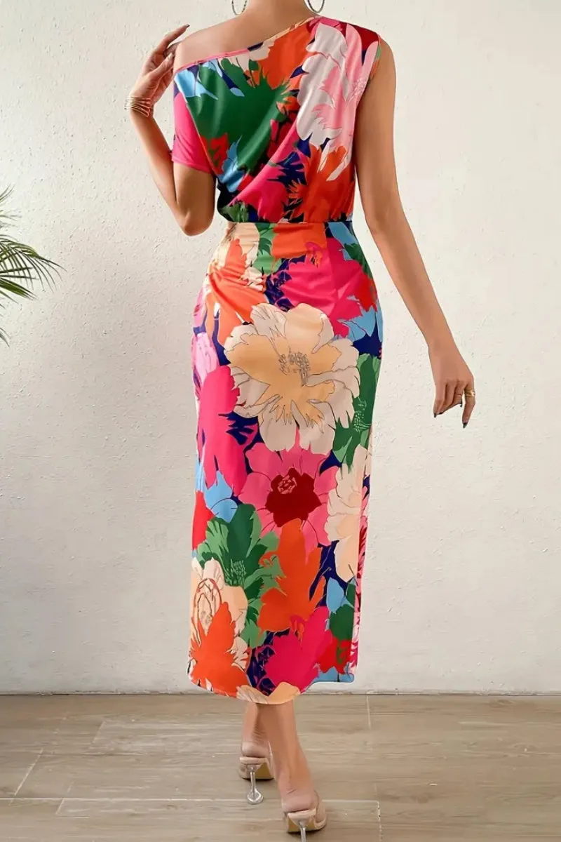 Casual Print Slit Oblique Collar Long Dresses