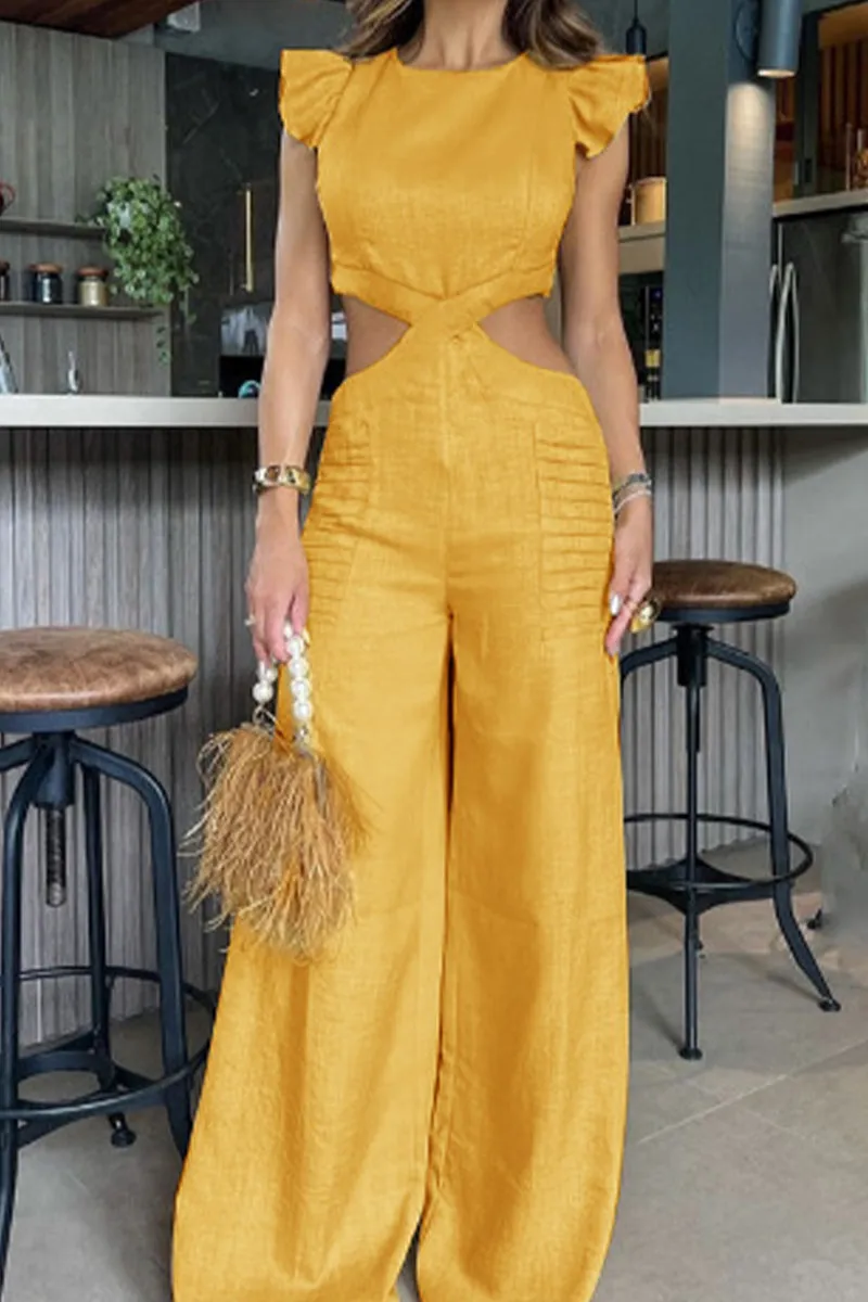 Casual Simplicity Solid Flounce O Neck Regular Jumpsuits(3 Colors)