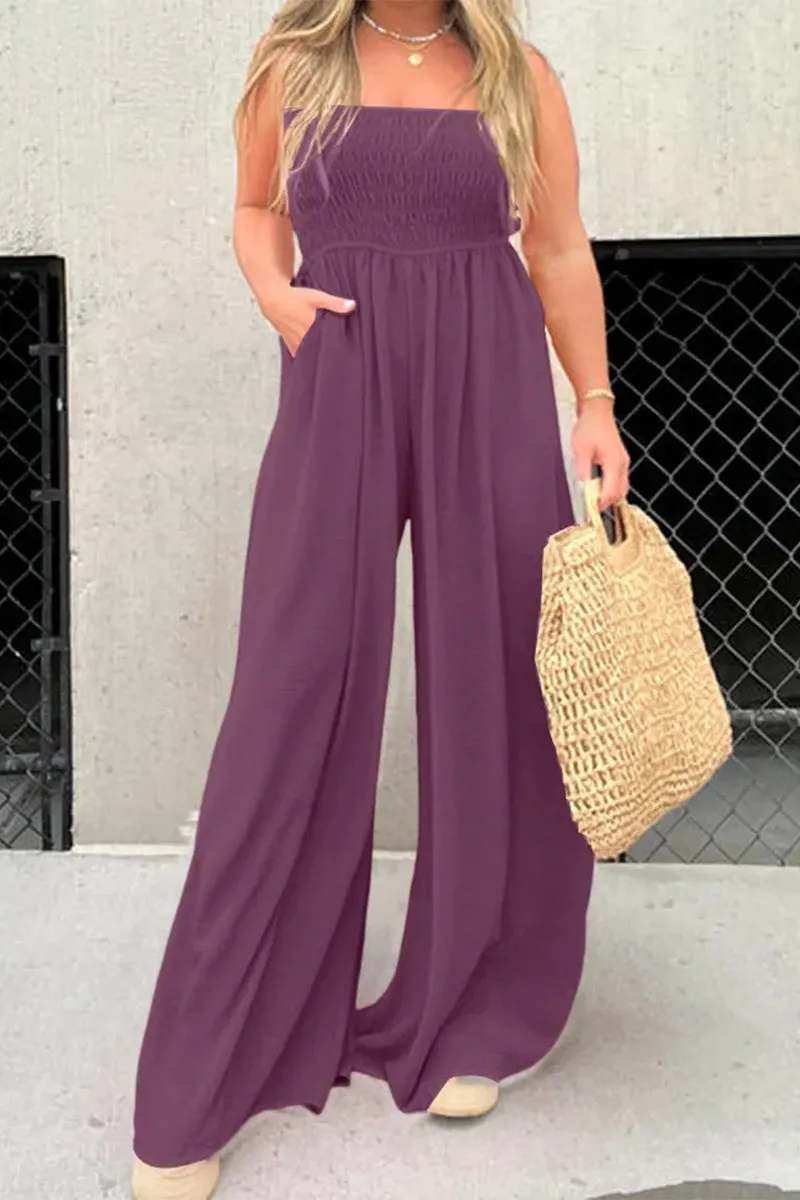 Casual Simplicity Solid Pocket Square Collar Loose Jumpsuits