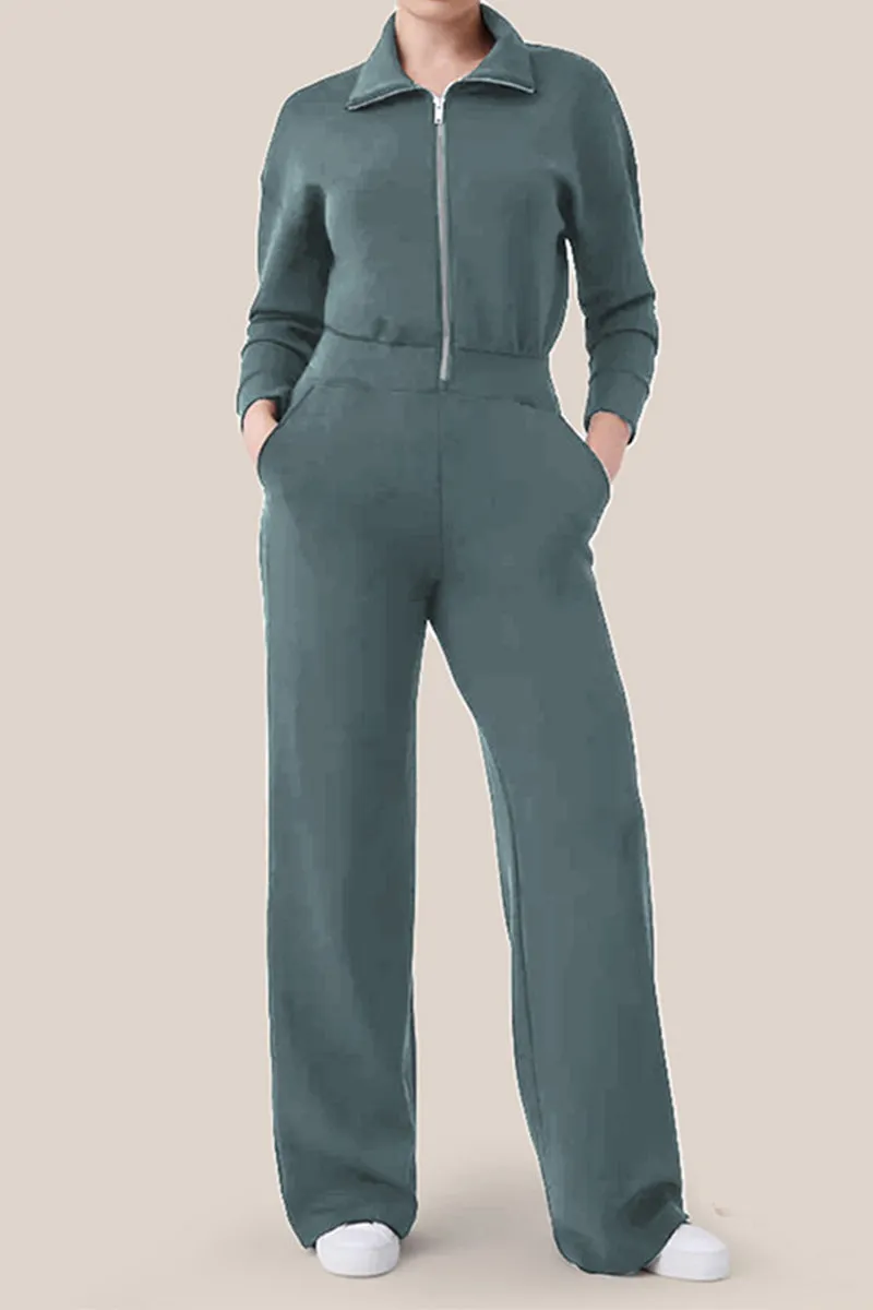 Casual Simplicity Solid Pocket Zipper Turndown Collar Jumpsuits