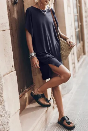 Casual Simplicity Solid Slit O Neck Short Sleeve Dress Dresses