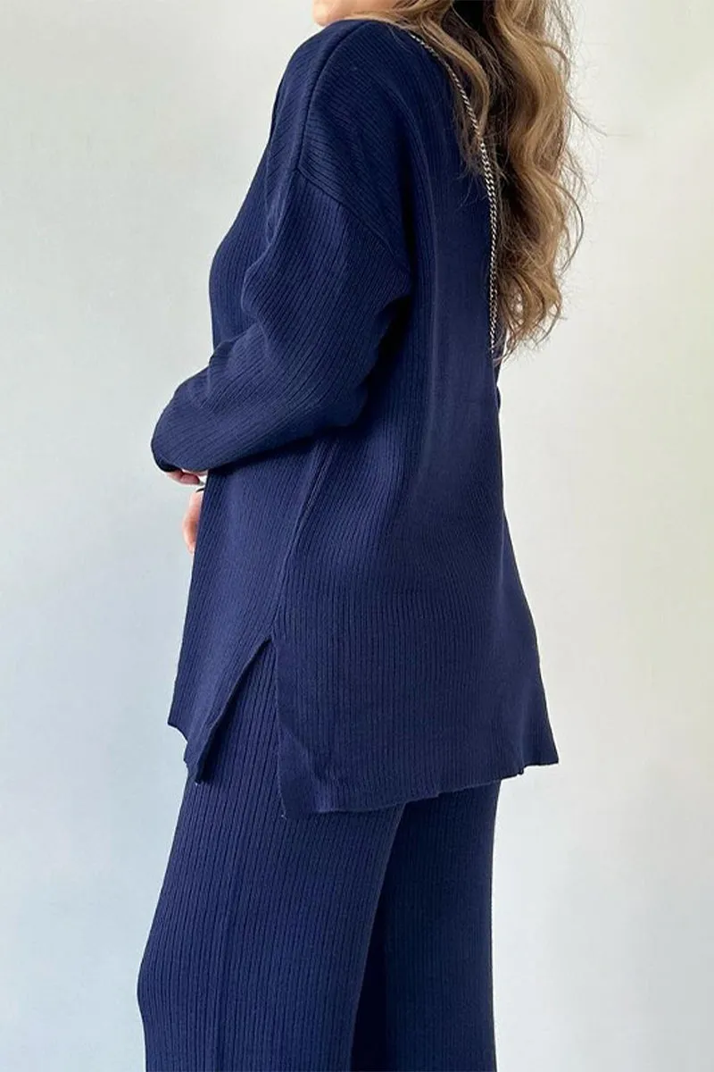 Casual Simplicity Solid Slit Turndown Collar Long Sleeve Two Pieces