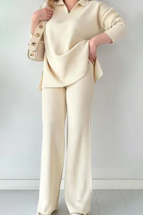 Casual Simplicity Solid Slit Turndown Collar Long Sleeve Two Pieces